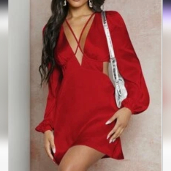 Shein Plunging Neck, Red Backless Satin Dress - Picture 1 of 5